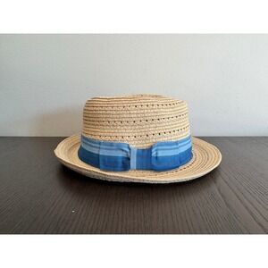 August Hat Company Straw Fedora Womens OS Tan Blue‎ Striped Ribbon Bow Accent